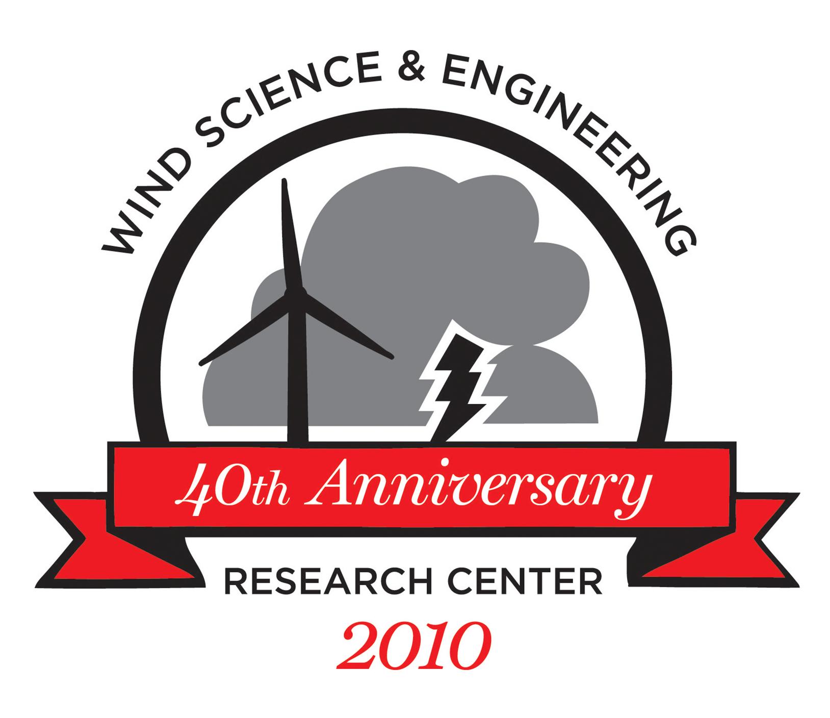 Wind Science & Engineering (WiSE) Research Center 40th anniversary logo show a wind turbine in front of a storm cloud with a lightening bolt.  A ribbon displays the words 40th anniversary. 