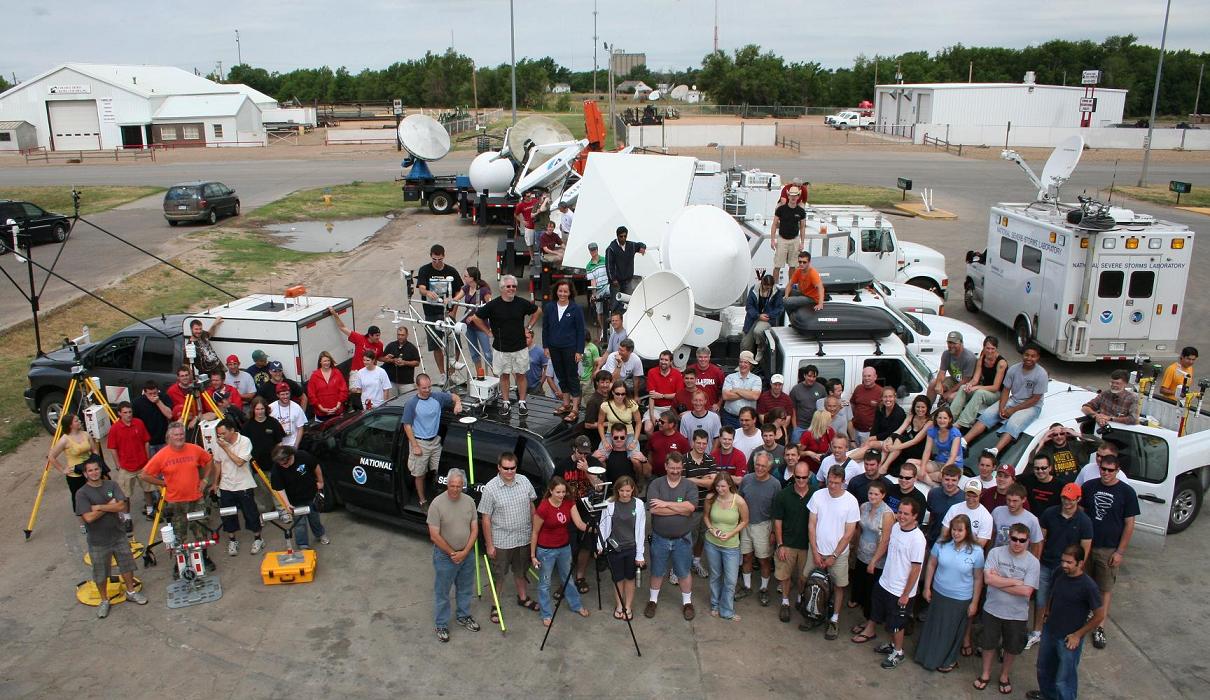 photo from above of group of faculy and students with equipment.