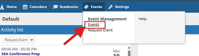 Ad Astra menu bar scroll over the tab events and click on the drop down menu word events