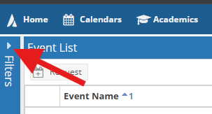 Events page arrow pointing to the left column titled filter