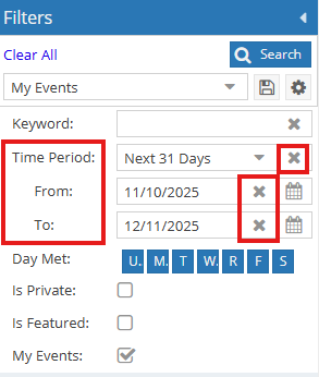 Filter menu red boxes around the section of Time period for from and to dates showing how to clear the dates by clicking on the x's