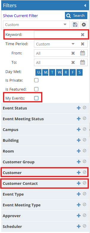 Filter menu showing four ways to search for your event, keyword, my events box, customer and customer contact