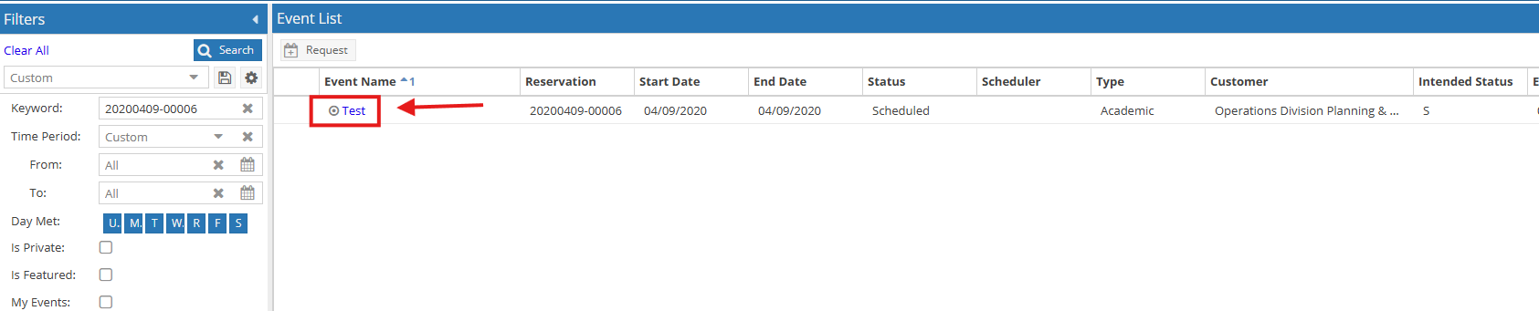 Event list showing an example of a test result when searching for an event using keyword