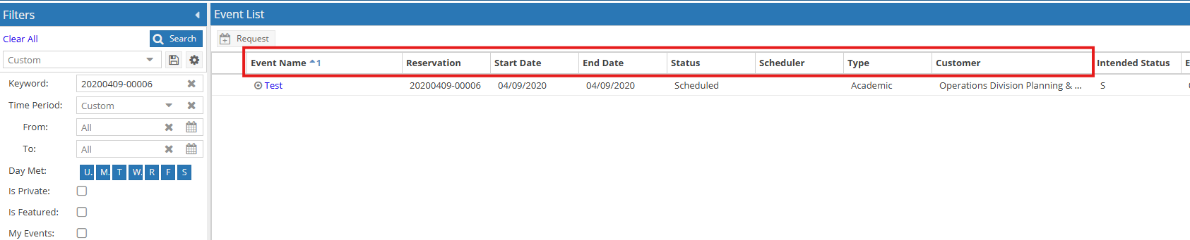 Event list showing how to sort events using the header of event name, reservation, start and end date, status, scheduler, type and customer