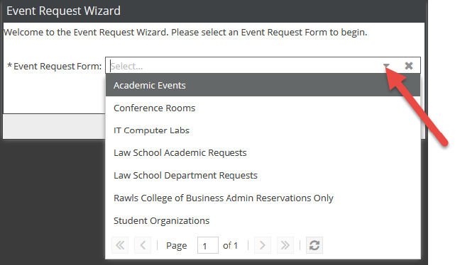 Ad Astra drop down menu to list which forms the customer can request.
