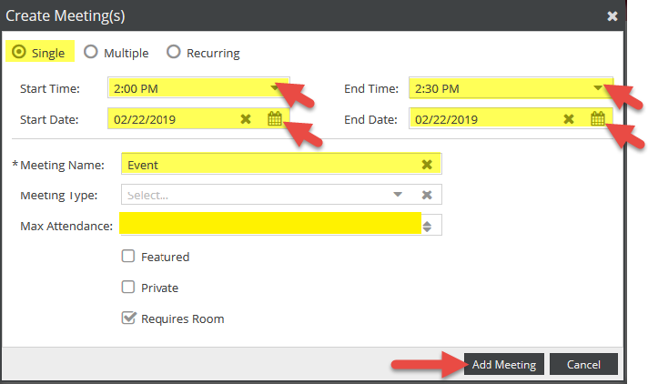 Ad Astra Create Meeting form to add single event time and dates