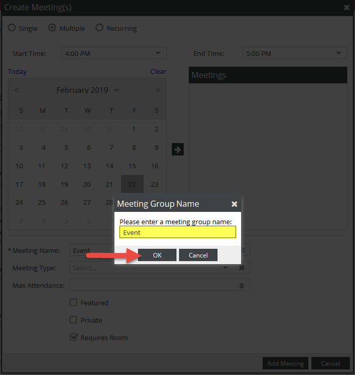 Pop up menu on the Multiple request for meeting group name request