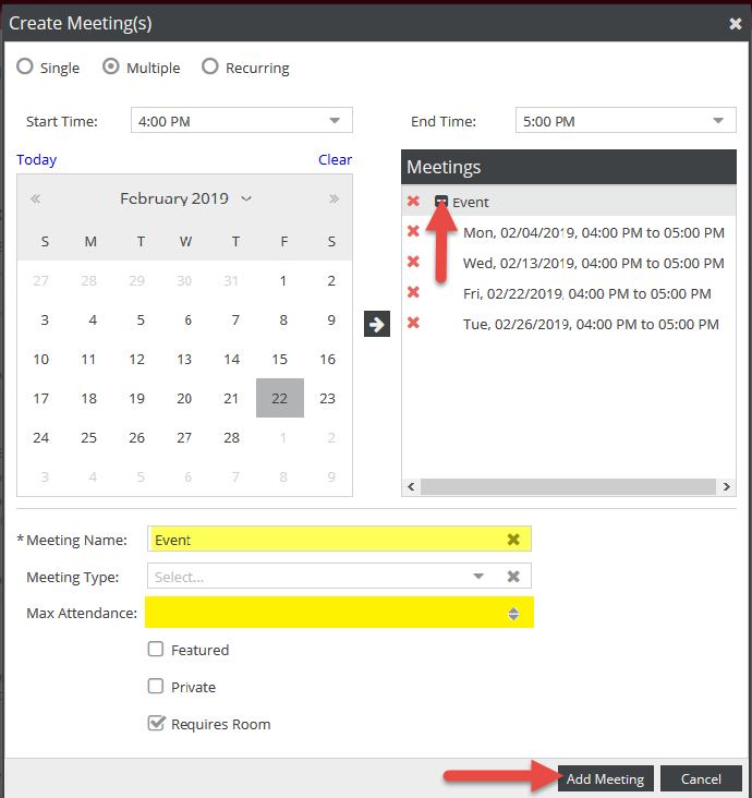 Create Meetings form for multiple meeting  to ensure meeting name and attendance is verified