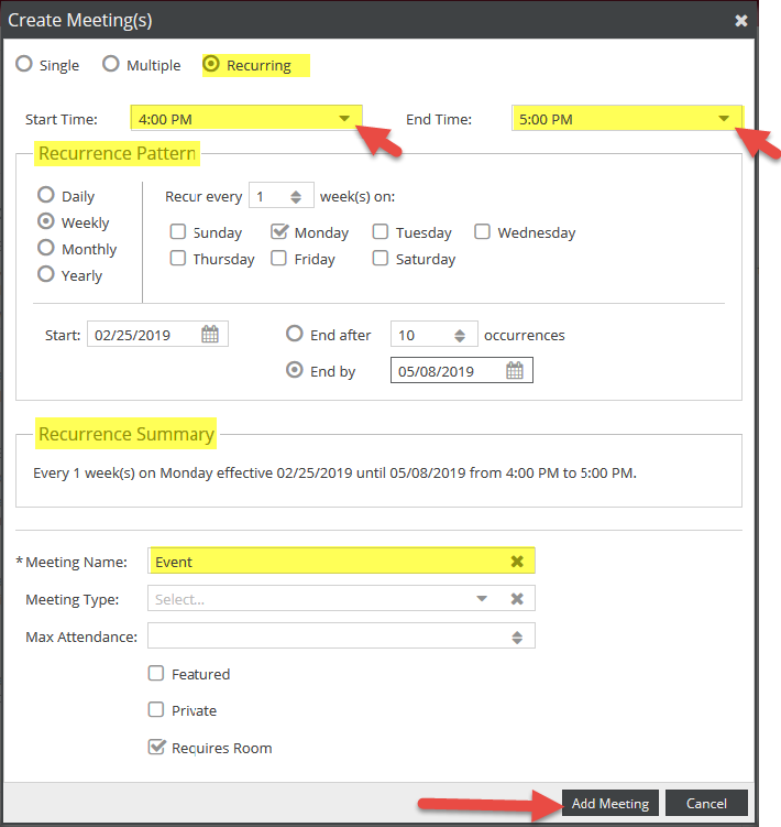 Create meeting form for recurring selection showing start and end time selction of daily, weekly, monthly or yearly reccurance.