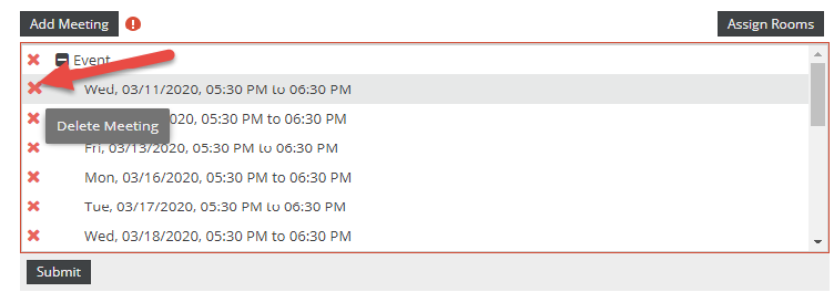Back to add meeting menu showing a red x to delete meetings