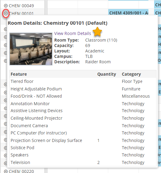 Pop up window showing room details such as capacity, technology, room setup, food
