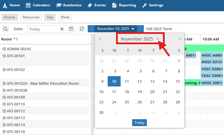 Calendar step clicking on drop down arrow next to the month in order to see all the months and 12 different years to selelct