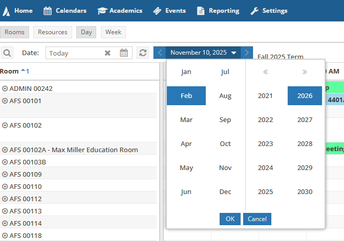 Pop up calendar to select from the 12 months and multiple years to view that calendar