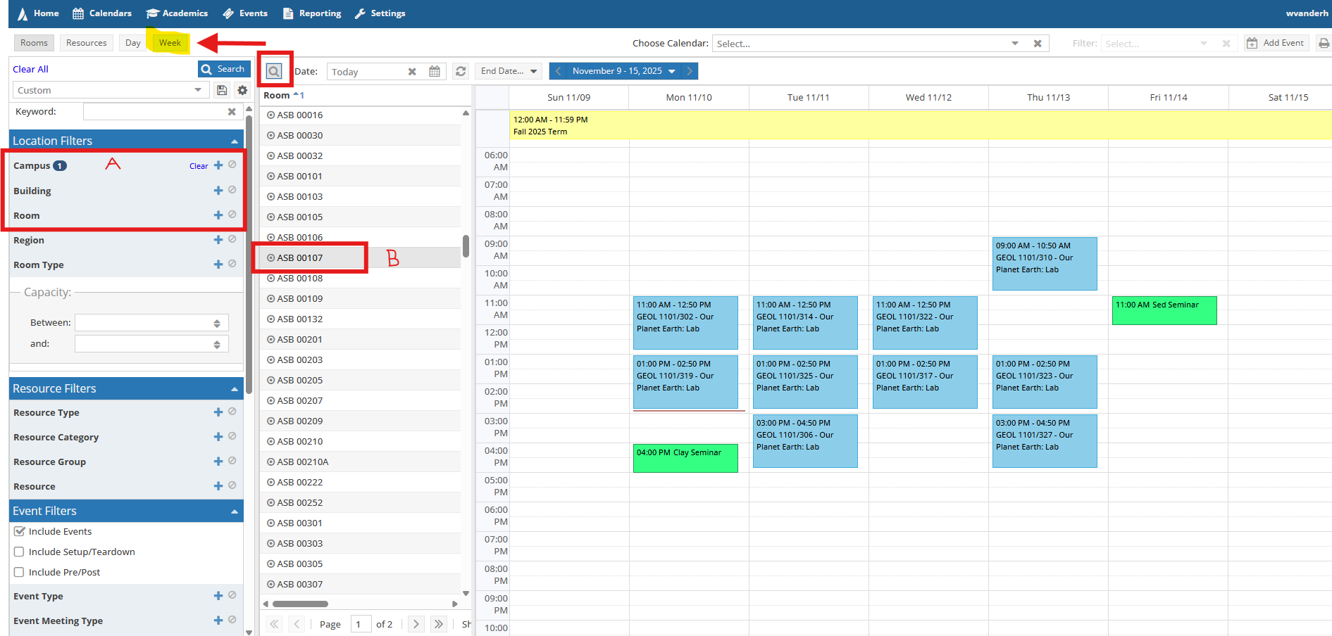Scheduling Grid view of a weekly schedule of ASB 107 showing two ways to see the room