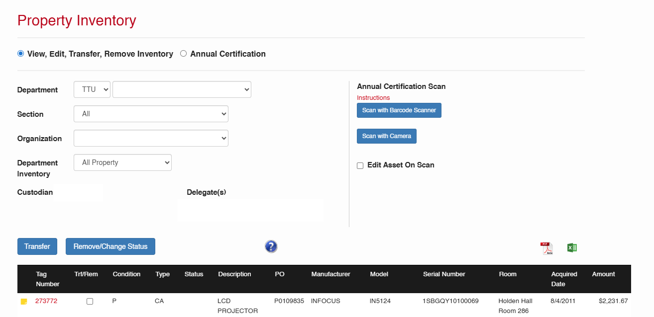 Property inventory window Home page