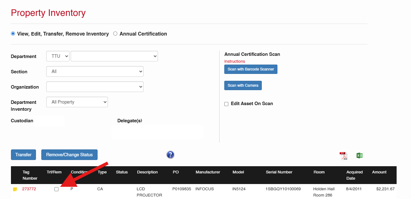 Property Inventory window instructions to click on the transfer box next to the itme