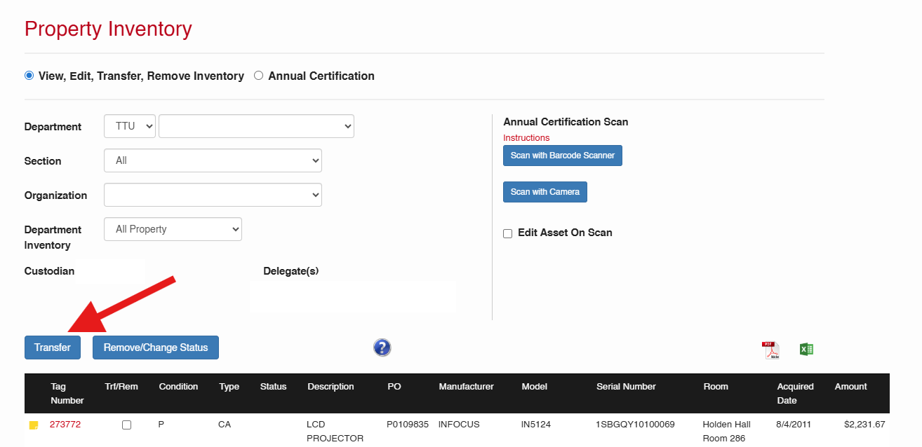 property inventory window red arrow pointing to the blue transfer button