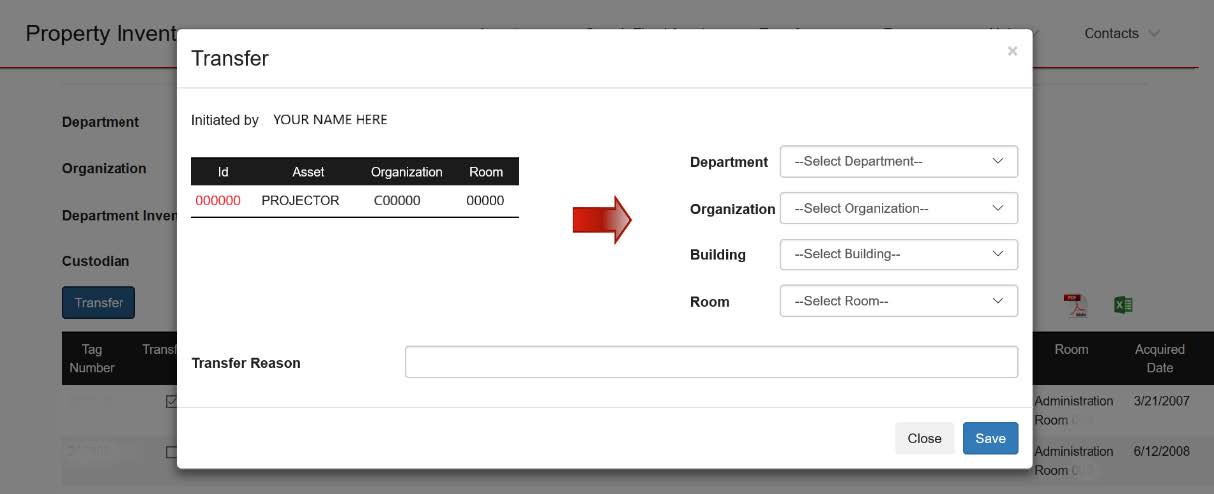 Transfer pop-up window red arrow pointing right to department, organization, building and room drop-down menus