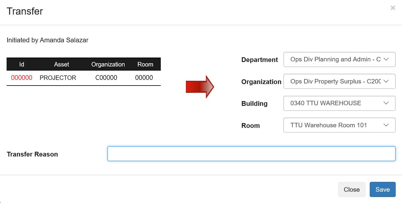 Transfer pop-up window red arrow pointing right the department (ops Div Planning Admin), organization (Ops Div Property Surplus), building (0340 TTU Warehouse) and room (TTU warehouse Room 101) drop-down boxes filled out.