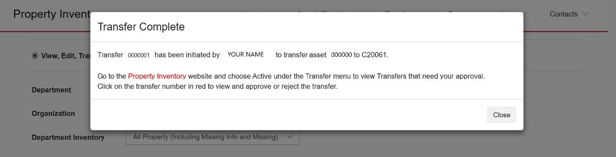 Transfer complete pop-up window with instructions to see status