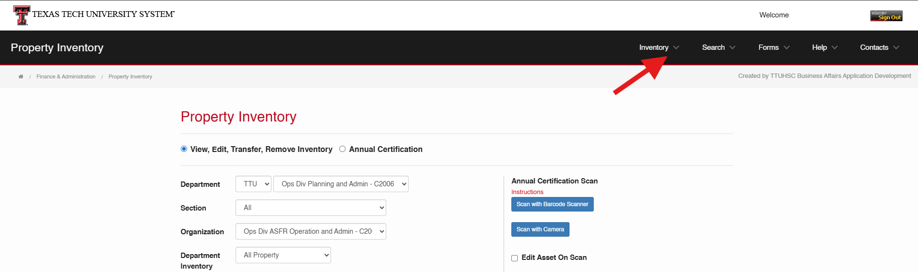 Home page red arrow pointed to menu bar of inventory drop-down