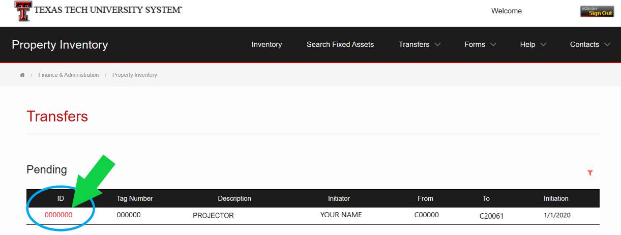 Showing pending transfers green arrow pointing to ID number to show which is pending