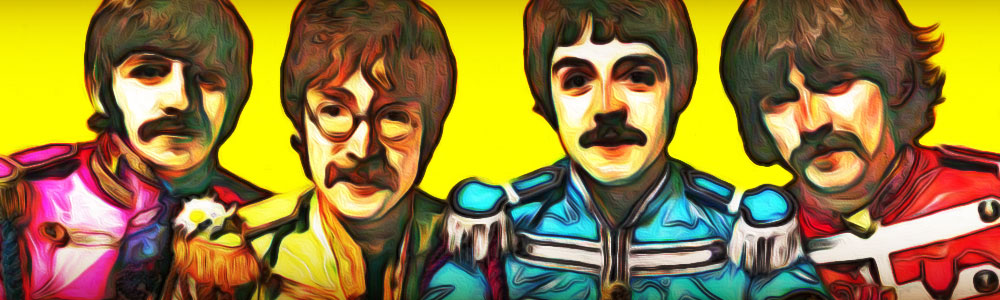 The Beatles in costume as they appear for the Sgt. Pepper’s Lonely Hearts Club Band album art with a solid yellow background, rendered in a painterly style.