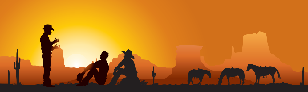 silhouettes of cowboys talking to each other at sunset on a mesa with cacti and horses