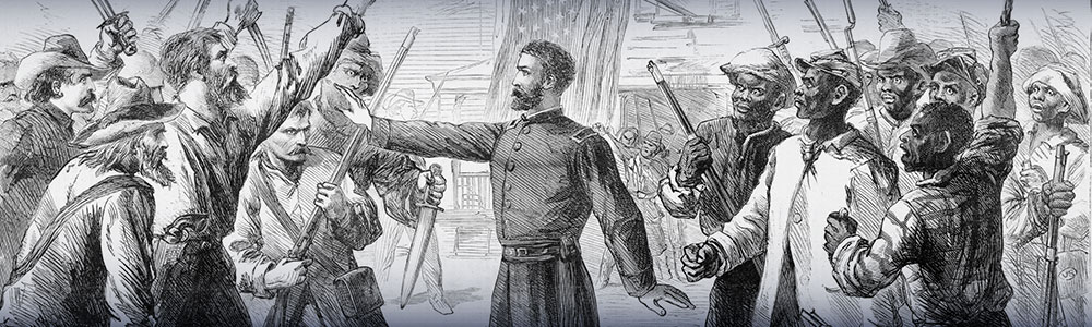 The Freedmen's Bureau was established by Congress in March 1865. 1868 political cartoon depicts General Oliver O. Howard, head of the Bureau, mediating between belligerent groups of whites and blacks.