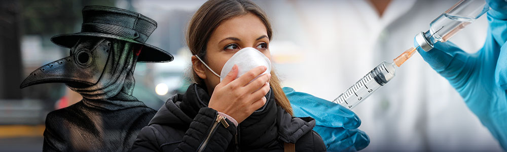 modern woman with face mask composited with image of gloved hands drawing a vaccine into a syringe and an illustration of a masked plague doctor 