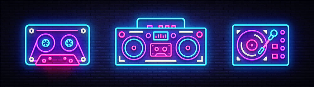 neon signs of an audio cassette tape, boombox, and record player