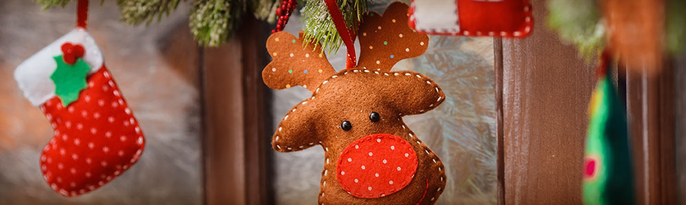 Felt Christmas stocking and Rudolph the red-nosed reindeer ornaments.