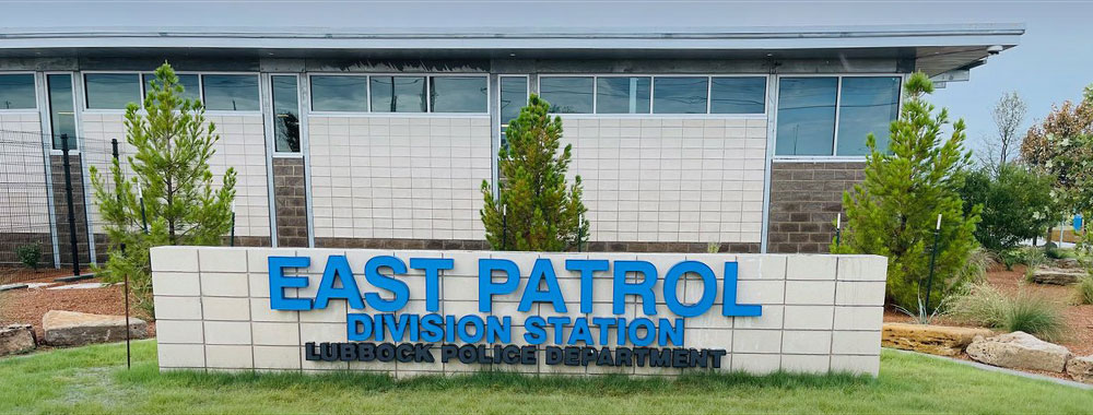  East Patrol Division Station, Lubbock Police Department sign in front of building.