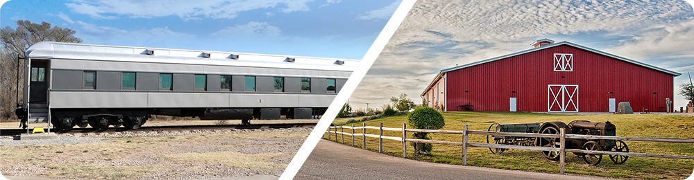  Composite of a pullman car and a red barn at the FiberMax Center for Discovery.