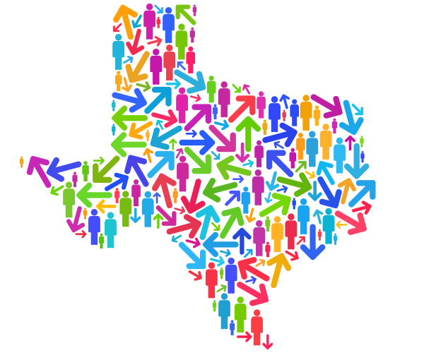 Texas silhouette made of multi-colored arrows and people.