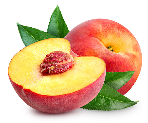 A bisected peach with intact peach in front of whole peach with peach tree leaves between them on a white background.