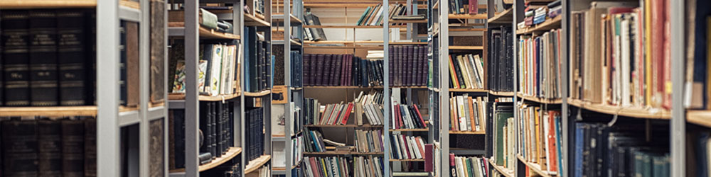 Old books on wooden bookshelf blurred background.