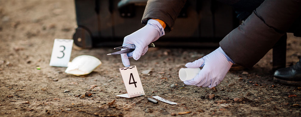 Crime scene investigation, gloved hands collect a bullet sleeve from the ground.