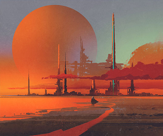 Sci-fi illustration of futuristic construction in the desert.