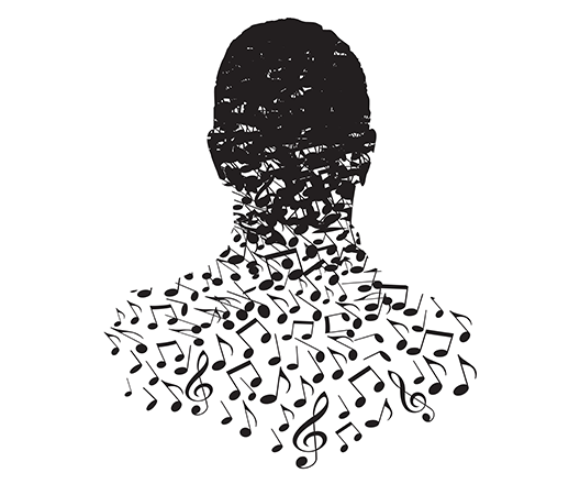 Silhouette of a person's head and shoulders made up of music notes.