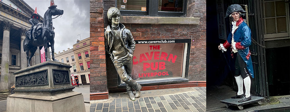 Equestrian statue of Arthur Wellesley, first Duke of Wellington, adorned with traffic cones on their heads, Glasgow, Scotland.  Statue of John Lennon near the original Cavern Club, Matthew Street, Liverpool, Merseyside, England.  Statue of Deacon Brodie in front of Deacon's House Café, Edinburgh, Scotland.