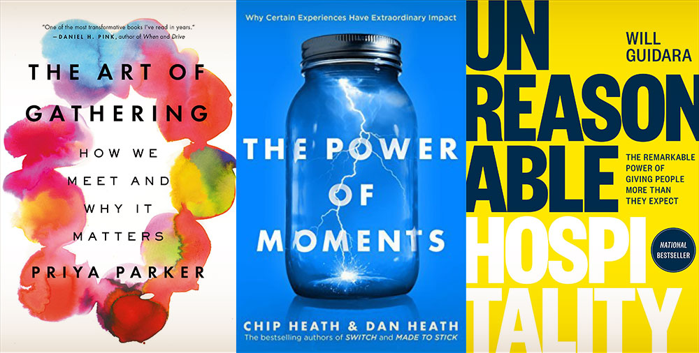 Book covers of The Art of Gathering, The Power of Moments and Unreasonable Hospitality.