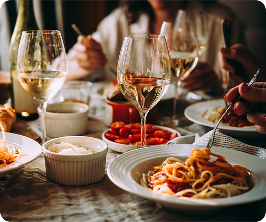 eating Italian food with wine