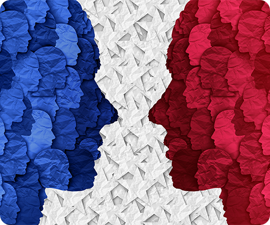 Red and blue faces facing each other on field of white stars