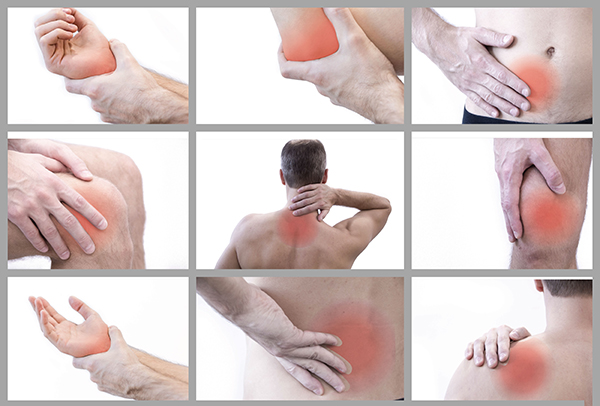 A collage of body joint highlighted red and supported by a male hand