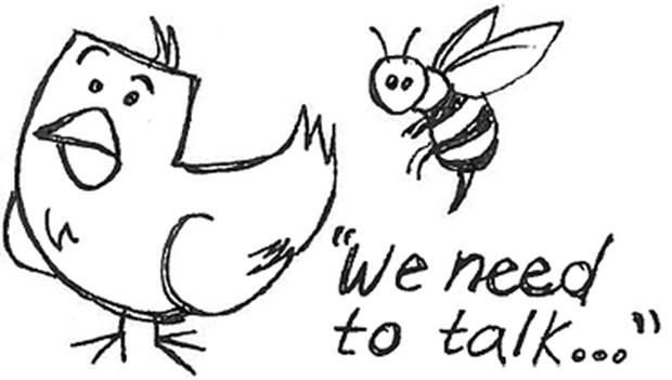We need to talk . . . about finances. Image of a bird and a bee.