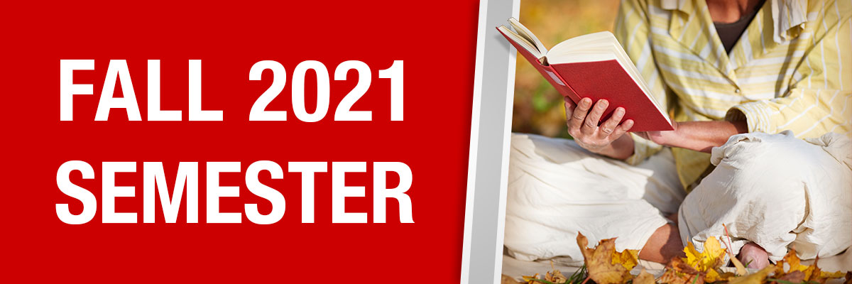 Fall 2021 Semester banner, person reading outside among autumn leaves
