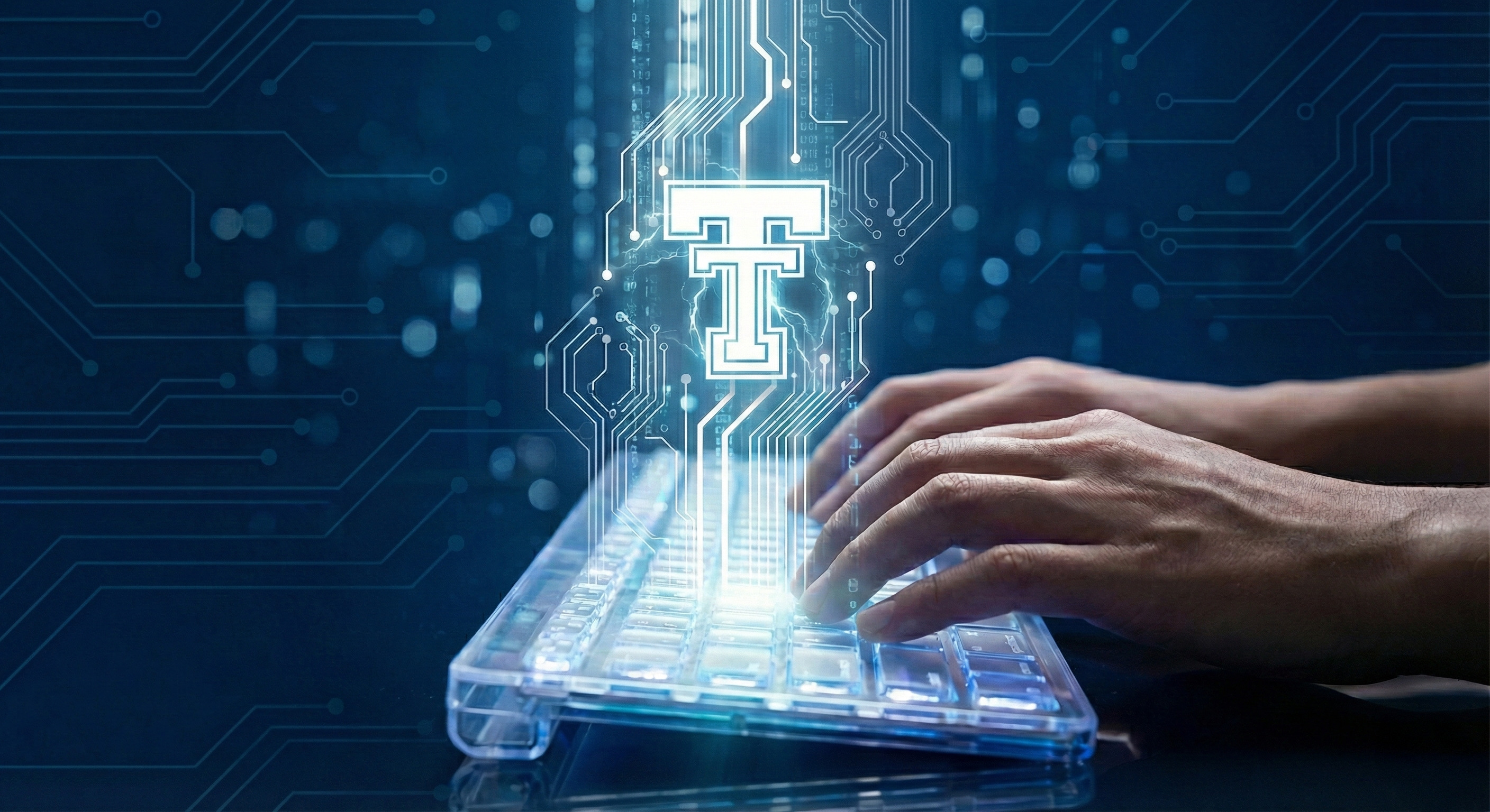 Hands typing on laptop in a digital space