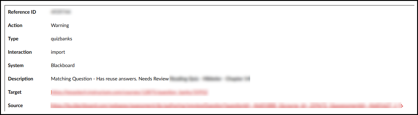 Image of the Canvas migration log showing matching questions need to be reviewed.