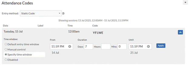 Image of settings for static code